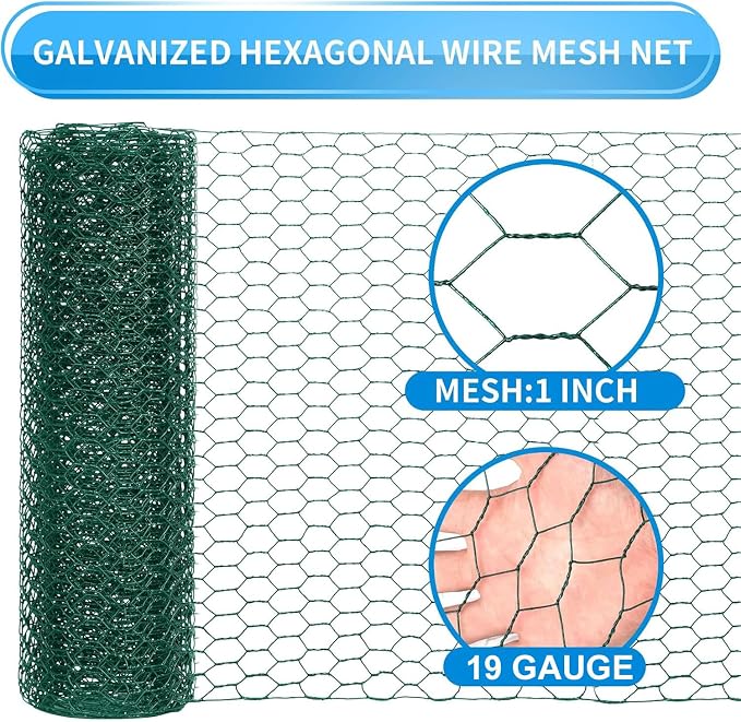 60'' x 150' Green Chicken Wire Fencing, 1 inch Chicken Wire and 19 Gauge Poultry Netting, Garden Mesh Fence Roll for Floral Arrangements/Crafts/Farm/Livestock/Pet Protection