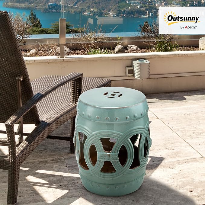 Outsunny 14" x 17" Ceramic Garden Stool with Double-Coin Knotted Ring Design & Strong Glazed Material, Decorative Outdoor Stool, Home Collection, Antique Blue