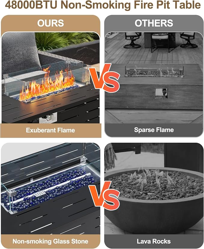 Hipicute 44" Outdoor Propane Fire Pit Table, 48,000 Btu Lp Gas Rectangular Fire Table with Ignition Systems and Lid,Outdoor Firetable with Glass Rocks for Patio Deck Garden Backyard