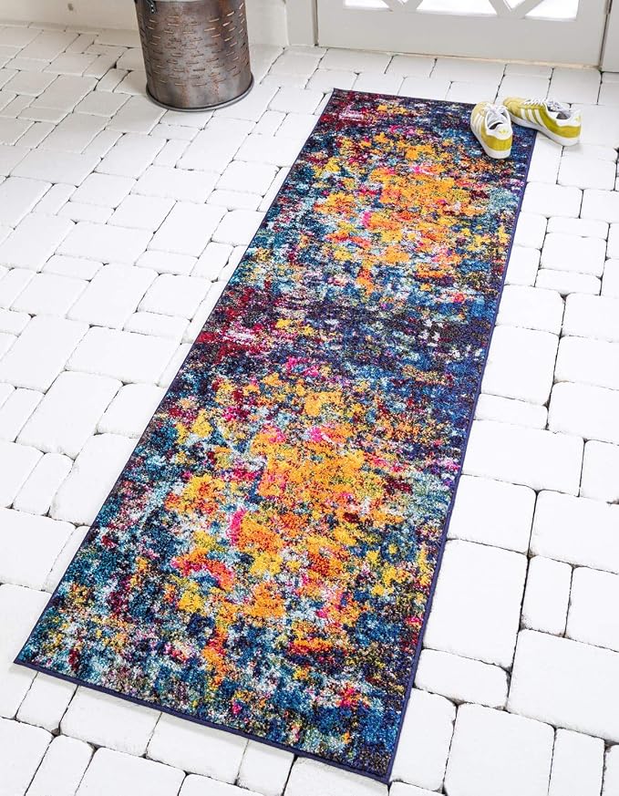 Unique Loom Estrella Collection Dark Colors, Modern, Abstract, Distressed Area Rug (2' 7 x 10' 0 Runner, Multi/Navy Blue)