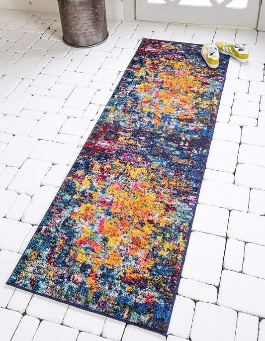 Unique Loom Estrella Collection Dark Colors, Modern, Abstract, Distressed Area Rug (2' 7 x 10' 0 Runner, Multi/Navy Blue)