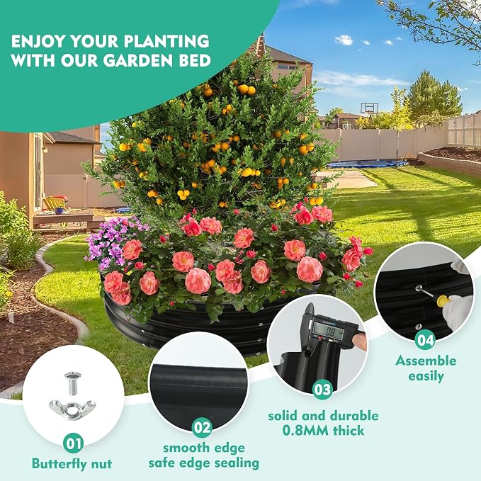 YSEJOMP 3FT Diameter Galvanized Garden Raised Bed/Plant Box/Fire Pit Ring - 0.8mm Thick,12 Inch Tall,Perfect for Planting a Variety of Flowers,Herbs,Vegetables (Black, 36 Dia X 11.5 inches)