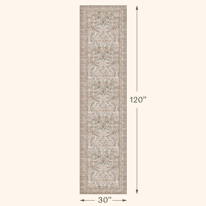Traditional Cottagecore 2'6"x10' Hallway Runner Rug Non Slip - Washable 10 ft Extra Long Rug for Kitchen, Entryway, Neutral Taupe Cream Stain Resistant Carpet