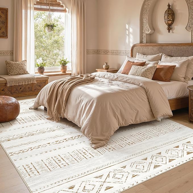 cotiled 10x13 Area Rugs Washable Boho Living Room Rug Brown/Cream | Solve Modern Neutral Trendy Home Decor - Stain Resistan Carpet for Bedroom Farmhouse Brown Cream