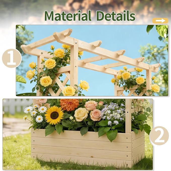 VINGLI Raised Garden Bed with Trellis & Hanging Roof, Wooden Planter Box with Drainage Holes for Outdoor Climbing Plants Vegetables Flowers, Patio Yard Balcony (Natural, Medium)