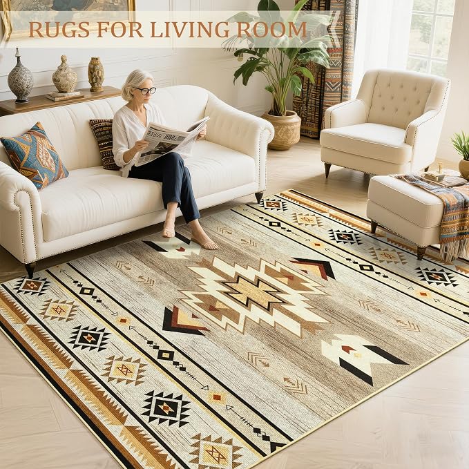 BENRON Western Area Rugs for Living Room Bedroom 5x7, Washable, Beige Brown | Non Slip Southwest aztec Rustic Rugs for Dining Table Kitchen Home Decor