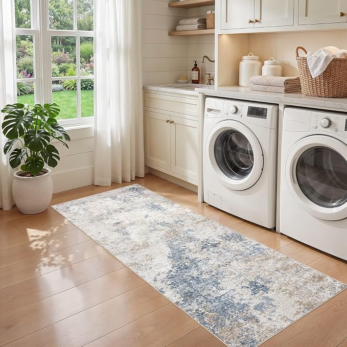 Nakagishi 2x6 Abstract Washable Area Rugs for Entryway-Blue Brown | Modern Non-Slip Silicone Backing Low Pile Soft Carpet for Bedroom Dining Decor for Families with Kids and Pets
