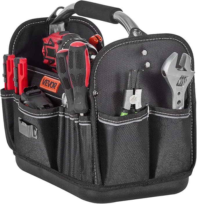 VEVOR Tool Bag, 13 Inch, 33-Pocket Open Top Tool Tote, Portable Electrical Maintenance Toolbox Organizer Storage with Hard Plastic Base, Adjustable Shoulder Strap, for Professionals DIY & Jobsite Use