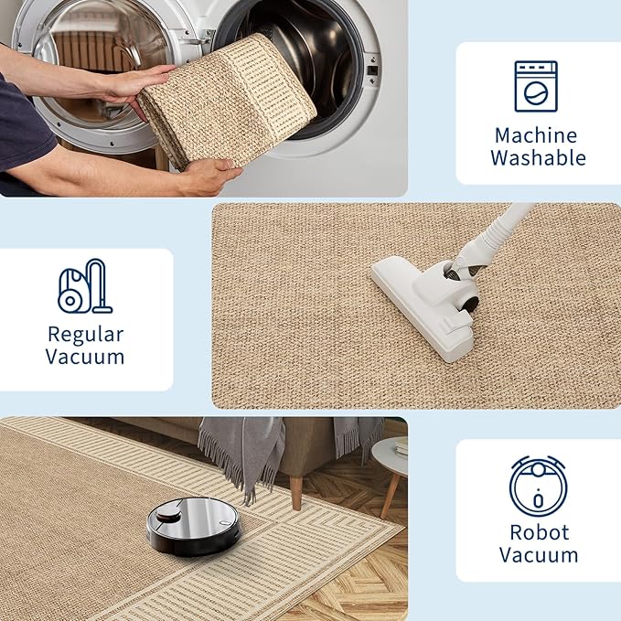 GarveeHome 9x12 Area Rug for Living Room Large Washable Bedroom Rug | Low Pile Stain Resistant Dining Room Area Rug with Rubber Backing Modern Bordered Throw Carpet for Home Decor Office, Khaki