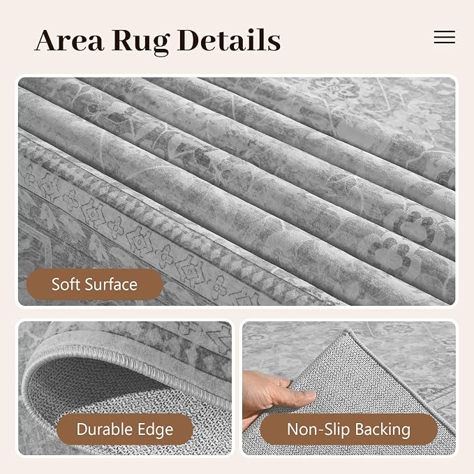 8x10 Ft Large Area Rugs for Living Room, Soft Non-Slip Machine Washable Rug, Vintage Stain Resistant Carpets for Bedroom Nursery Dining Room Home Decor (Grey)