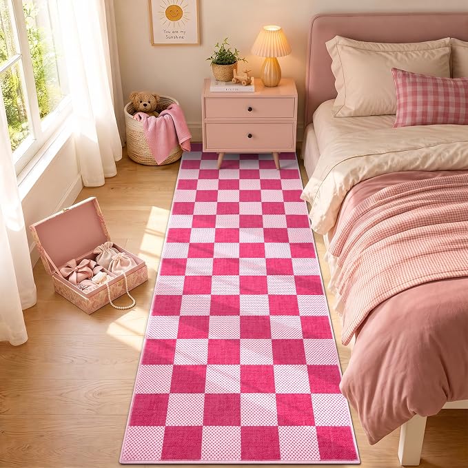 GarveeHome Checkered Hot Pink 2x6 Washable Low-Pile Kitchen Runner Rug | Small Hot Pink Soft Stain Resistant Hallway Entryway Bedroom Bathroom Non-Slip Geometric Modern Rug TPE Backing