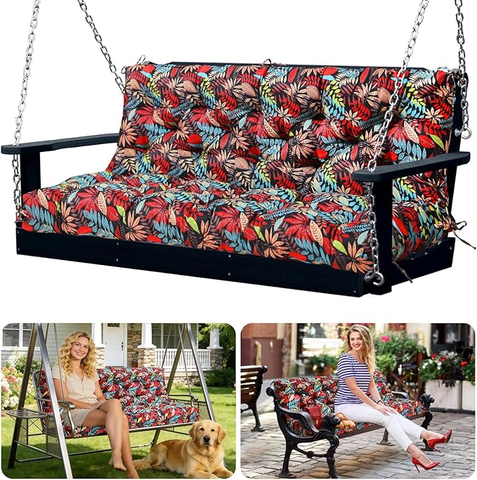 Porch Swing Cushions 2 Seater Replacement Thicken 5" Waterproof & Fade Resistant Swing Cushions for Outdoor Furniture Bench Patio Swing Cushion with Backrest & Ties(Black Floral 40x40x5inch)