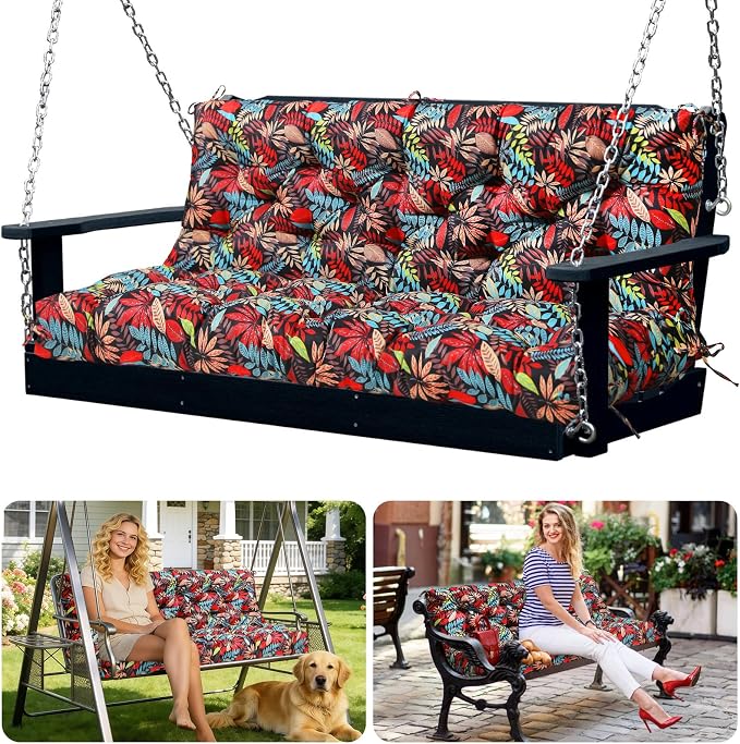 Porch Swing Cushions 3 Seater Replacement Thicken 5" Waterproof & Fade Resistant Swing Cushions for Outdoor Furniture Bench Patio Swing Cushion with Backrest & Ties(Black Floral 55x40x5inch)