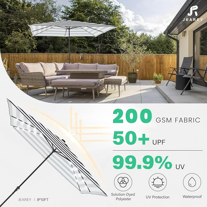 JEAREY 8x10 ft Rectangular LED Lighted Patio Umbrellas Outdoor Solar Table Market Umbrella w/Crank, 8 Sturdy Ribs, UV Protection Waterproof Sunproof(Black-White Stripe)