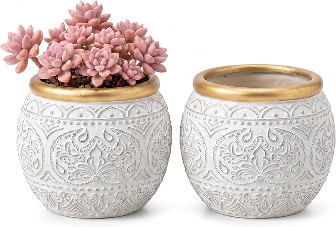 2Pcs 5.9 Inch Cement Planters, Vintage Planter with Gold Rim and Drainage Holes, Decorative Indoor Containers for Succulents, Herbs, Home & Office