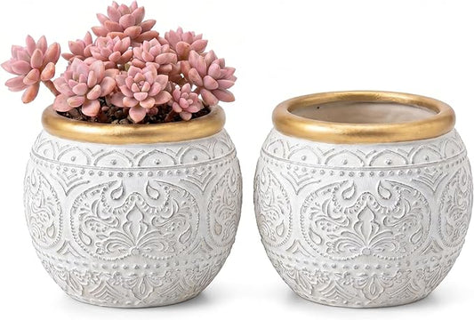 2Pcs 5.9 Inch Cement Planters, Vintage Planter with Gold Rim and Drainage Holes, Decorative Indoor Containers for Succulents, Herbs, Home & Office