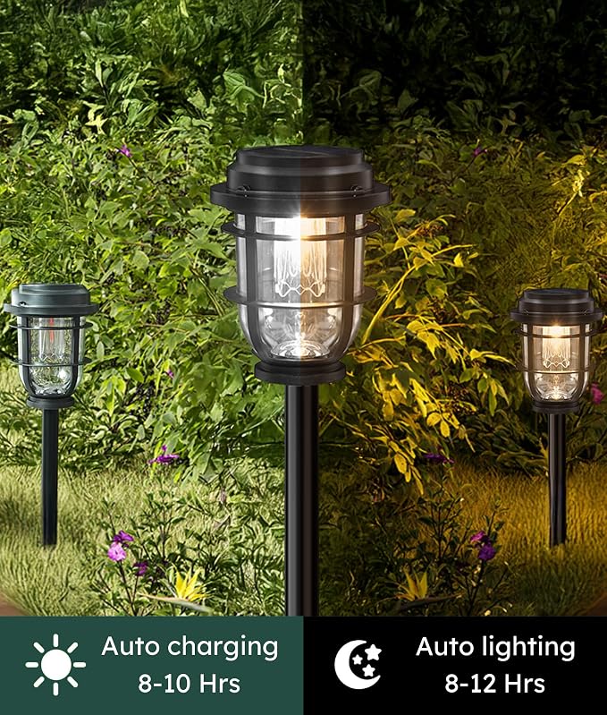 Vuees 8-Pack Solar Pathway Lights, 3-in-1 Design Outdoor Garden Patio Decor | 3000K warm glow, stake, tabletop or hanging setup, no wiring, rain-ready build, walkway, poolside and deck placement