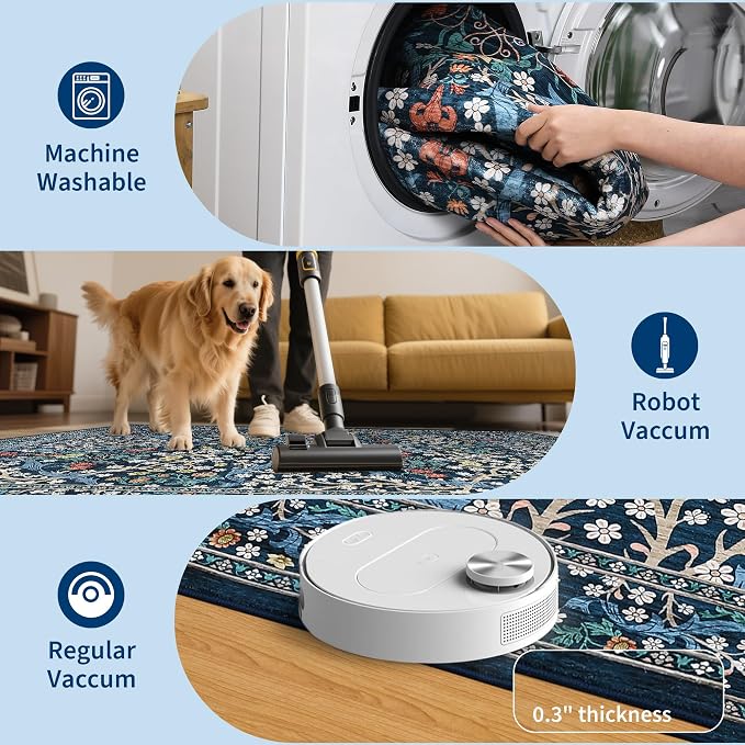 GarveeHome Blue Floral 5x7 Washable Area Rug for Living Room Bedroom | Vintage Stain Resistant Rugs for Large Room Low-Pile Non-Slip Carpet Soft Stain Resistant Botanical Boho Rug TPE Backing