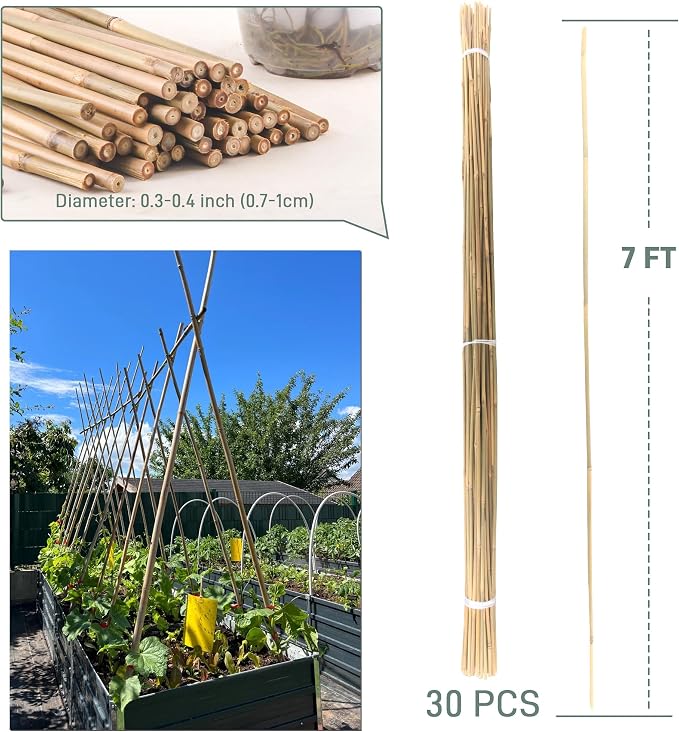 30Pcs / 7ft Bamboo Plant Stakes for Indoor Outdoor Plants, Garden Plant Support Sticks, Poles for Tomato Vegetables Beans Trees Potted Climbing Plants(0.32''-0.4'')
