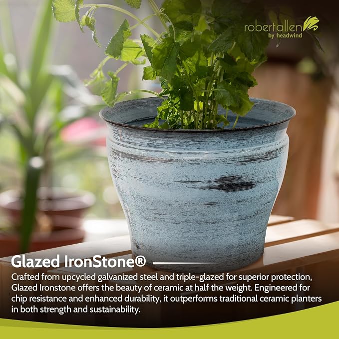 Headwind Glazed Ironstone Vanhorne Collection – 12" Azure Blue Decorative Plant Pot – Lightweight & Triple Coated w/Drainage Flower Pots for Indoor Plants & Outdoor Planter Use by Robert Allen