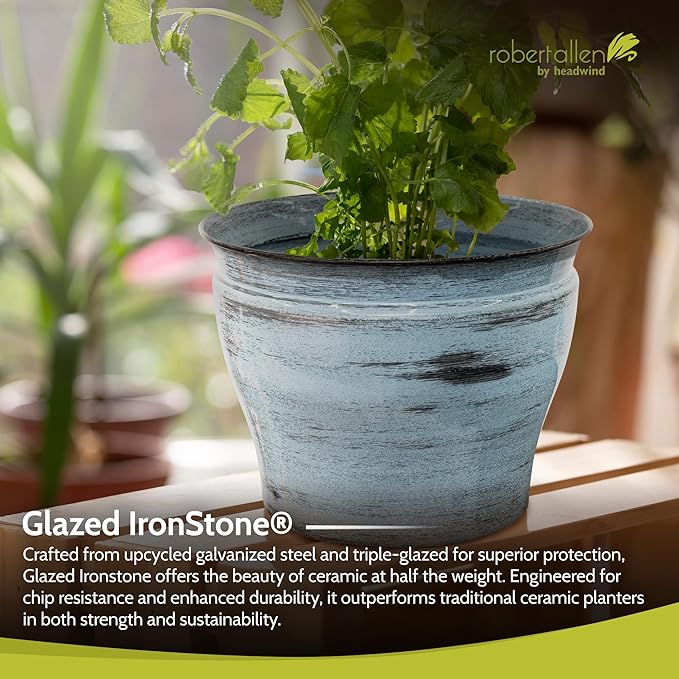 Headwind Glazed Ironstone Vanhorne Collection – 14" Azure Blue Decorative Plant Pot – Lightweight & Triple Coated w/Drainage Flower Pots for Indoor Plants & Outdoor Planter Use by Robert Allen
