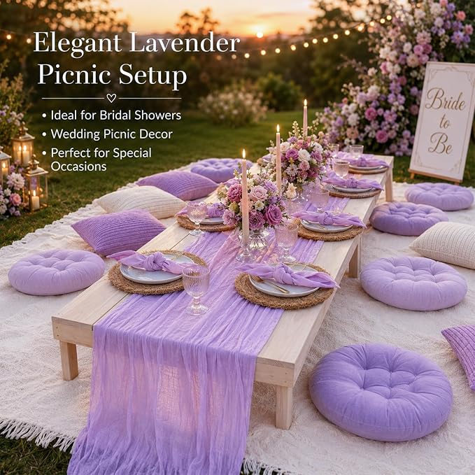 Beeveer 71x118'' Extra Large Outdoor Picnic Blanket with Light Purple Table Runner 8 Napkins and 8 Purple Floor Pillow Cushions for Picnic Party Camping Wedding Bachelorette Birthday Baby Shower Decor