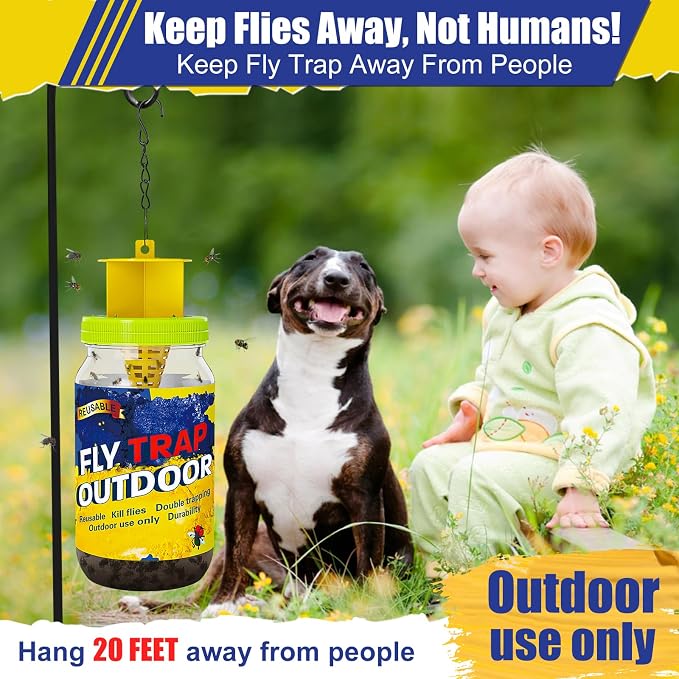 3 Pack Reusable Fly Traps Outdoor Bottles, Fly Killer Catcher Jar with 6 Natural Fly Bait Refills Lure, Flies Bug Insect Trap Control for Outside Barns, Stable, Patio, Hanging Chain, Brush Included