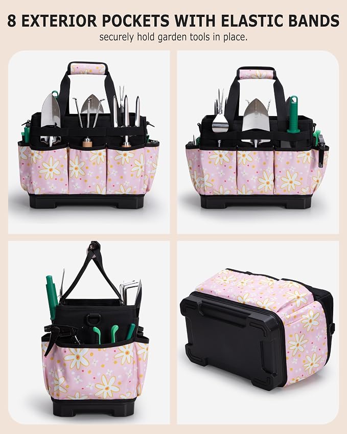 Marscamd Garden Tool Bag with Hard Bottom, Garden Tote with Shoulder Strap and Multiple Pockets (No Accessories Included), Pink Sunflower