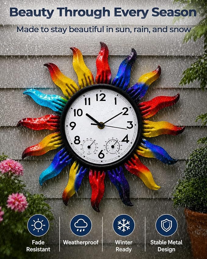 13 Inch Metal Outdoor Wall Clock Colorful Sun Decor Waterproof Outside Clock with Thermometer Humidity Gauge Silent Non Ticking Quartz Timepiece for Garden, Patio, Fence, Yard Gift