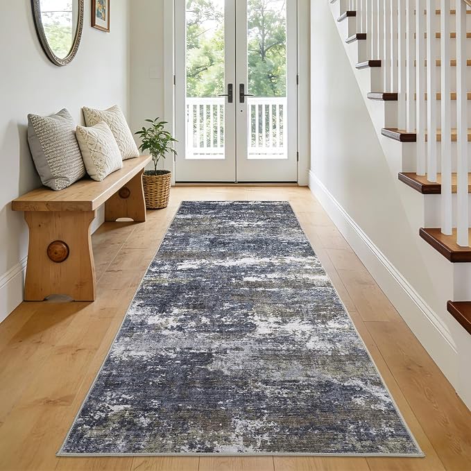 ROYHOME Abstract Rugs 2x6 Grey Brown | Non Slip Non Shedding Low Pile Stain Resistant Rug for Entryway Kitchen Bedroom