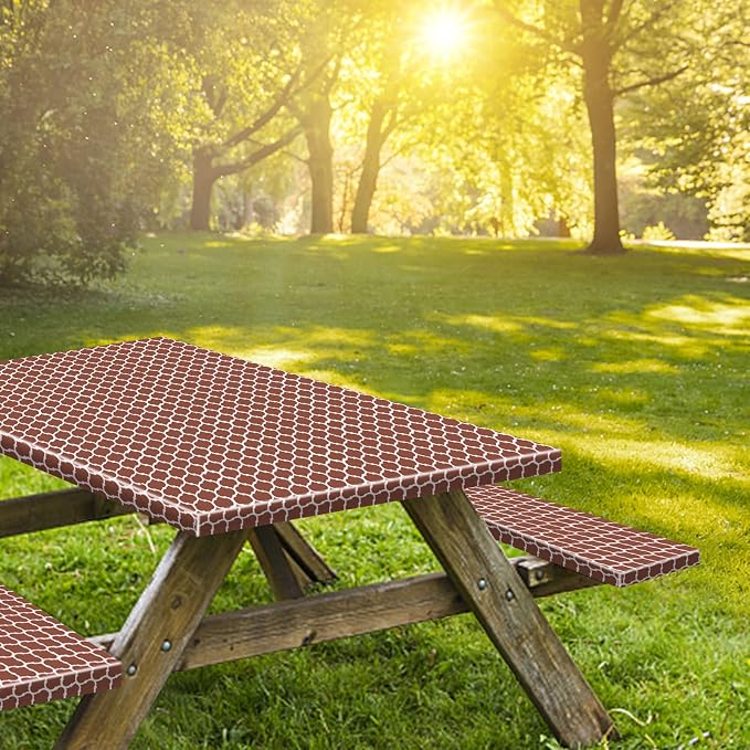 8ft Picnic Table and Bench Cover, Camping Essentials RV Gear, 96 in Waterproof Windproof Outdoor Elastic All Around Tablecloth, Fitted Rectangle Tables and Seats, Coffee-White Moroccan