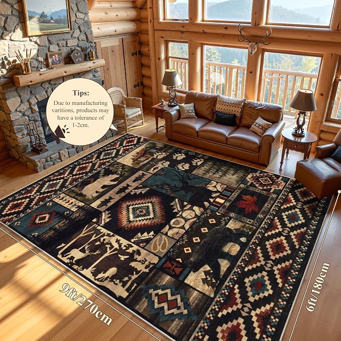 LOKHOM 6x9 Rustic Bear Area Rug, Washable Southwestern Lodge Cabin Rug | Bear Pattern, Non-Slip, Low Pile, Soft Vintage Wildlife Accent Floor Carpet, For Living Room Bedroom Dining Room Nursery