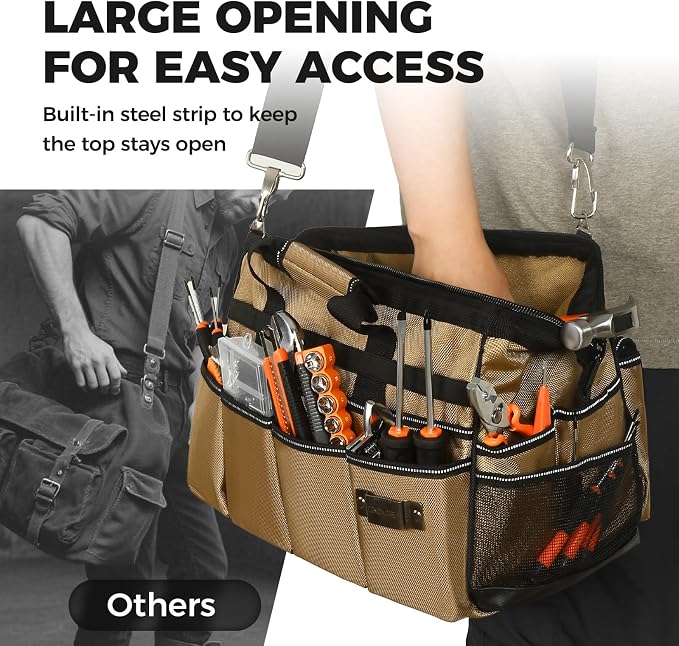 COMOWARE 19-Pocket Tool Bag, Gift for Dad, 16“ Heavy Duty Tool Organizer with Adjustable 51.2" Shoulder Strap, 1680D Oxford Fabric & PVC Coating, Reflective Strips, Tactical Loops, Mechanics