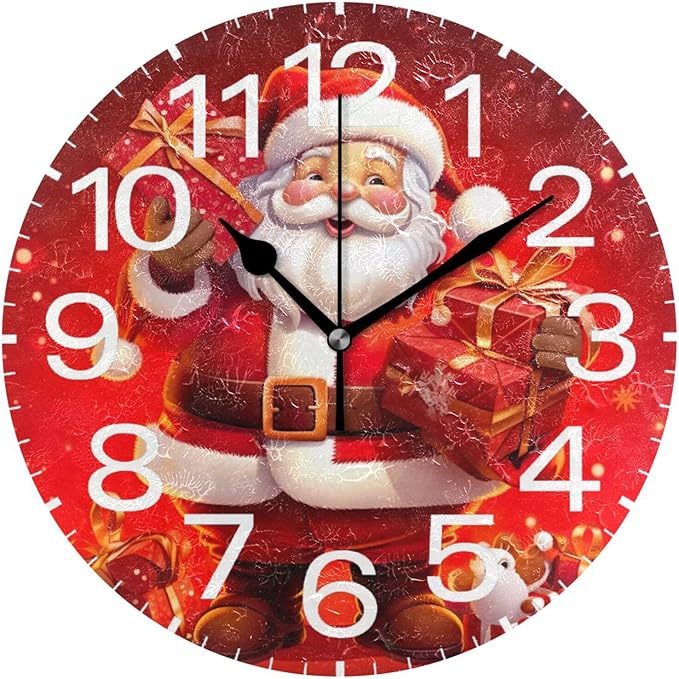 Christmas Santa Claus Wall Clock, Silent Non Ticking 10 Inch Battery Operated Wall Clocks, Easy to Read Clock for Home Kitchen Living Room Bathroom Office Decor