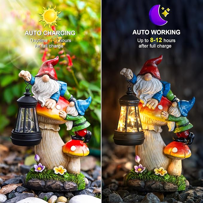 C&Y&G&X Solar Garden Gnome Statue with Lantern, Waterproof Mushroom Garden Decor, Resin Gnome Yard Art with Solar LED Lights for Outdoor Lawn Patio Porch, Gifts for Mom Grandma Garden Lovers
