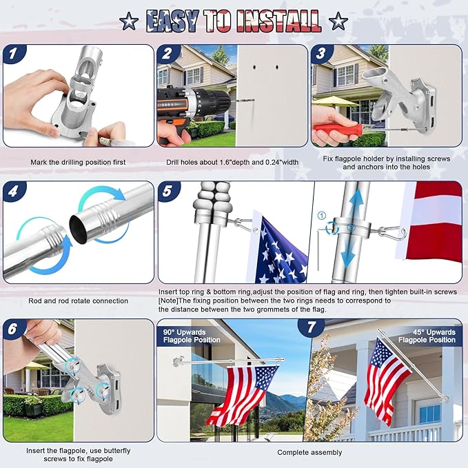 Flag Pole for Outside House Porch Wall Mount, REERON 7 FT No Tangle Stainless Steel Spinning Flagpole Kit with 1" 360° Metal Flag Pole Rings Clips & 2-Position Holder for 3x5' 4x6' American Flags