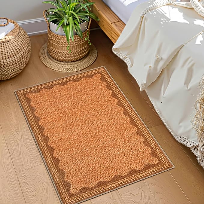GarveeHome Scalloped Orange Door Mat Indoor Rugs for Entryway Small Rug 2x3 Washable Non-Slip TPE Backing Modern Minimalism Soft Low-Pile Throw Carpet for Bedroom Kitchen Bathroom