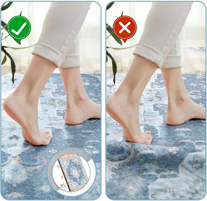SERISSA 5x7 Washable Non Slip Boho Area Rug for Living Room | Ultra Soft Vintage Oriental Carpet Low-Pile Distressed Vintage Blue Throw Carpet for Bedroom Dining Room Dorm Office Home