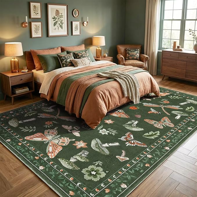 ROYHOME Mushroom Washable Rugs 5x7 for Living Room Low-Pile Whimsical Cottage Core Insect Bug Butterfly Funky Dark Gothic Decor for Bedroom Nursery Dining Room Olive Green