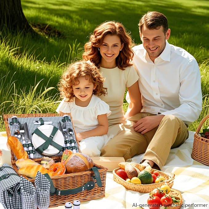 Picnic Basket Set for 4 with Waterproof Blanket Mat Insulation Bag Wicker Green Plaid Classic Cottagecore Gift for Christmas Thanksgiving Wedding Birthday Camp Outdoor Beach Travel