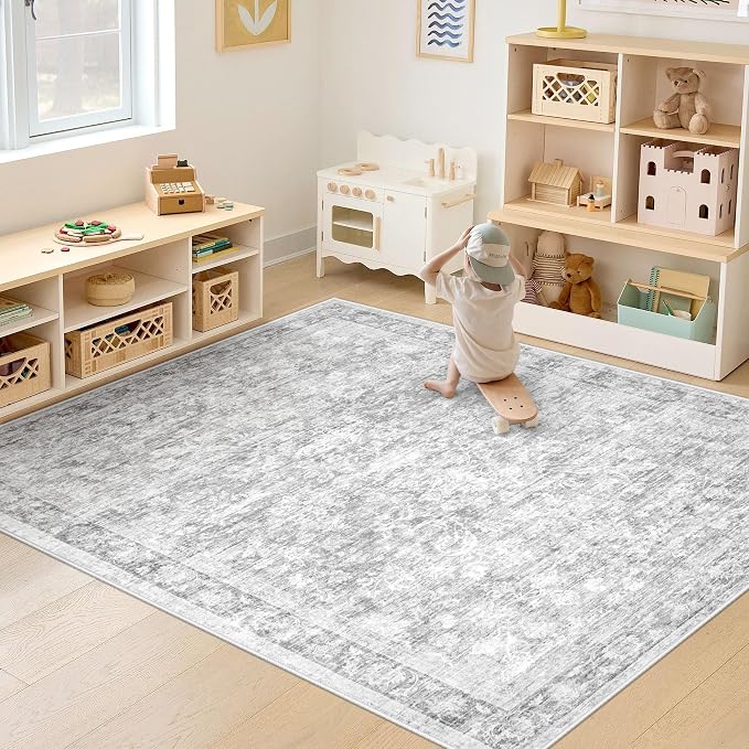 5x7 Area Rugs for Living Room: Washable Vintage Floral Rug Low Pile Non-Slip Boho Carpet for Bedroom Nursery Dining Room (Grey, 5'x7')