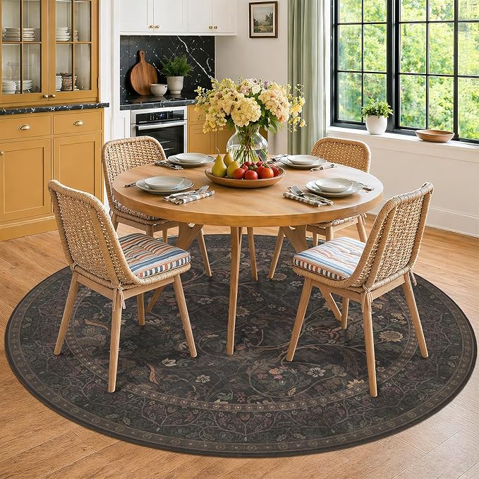 Washable 8ft Large Round Area Rug for Living Room, Black and Brown Moody Floral Circle Carpet, Cottagecore Aesthetic Floor Rug for Bedroom, Non-Slip Stain Resistant Carpet for Dining Room
