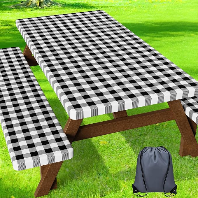 HappyTrends Fitted Picnic Table Cover with Bench Covers - 6FT Dual Layer Waterproof Camping Tablecloth with Windproof Elastic Edging & Bag, Washable RV Camping Essentials (72x30in, Black & White)