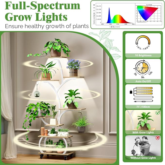 VINGLI Plant Stand Indoor 2-Pack, 48" Small Space Indoor Plant Shelf with Full Spectrum Grow Lights, Mobile 8-Tier Tree-Shaped Display Rack Set of 2, for Living Room, Balcony & Office, White and Oak