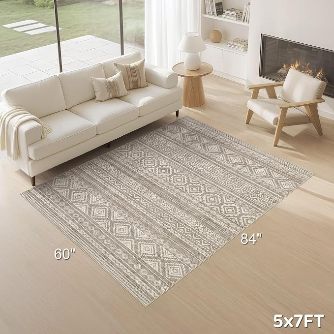 cotiled Boho 5x7 Area Rugs for Living Room: Soft Moroccan Washable Rug | Solve Modern Neutral Trendy Home Decor - Stain Resistan Indoor Carpet for Bedroom Dining Room Coffee Brown