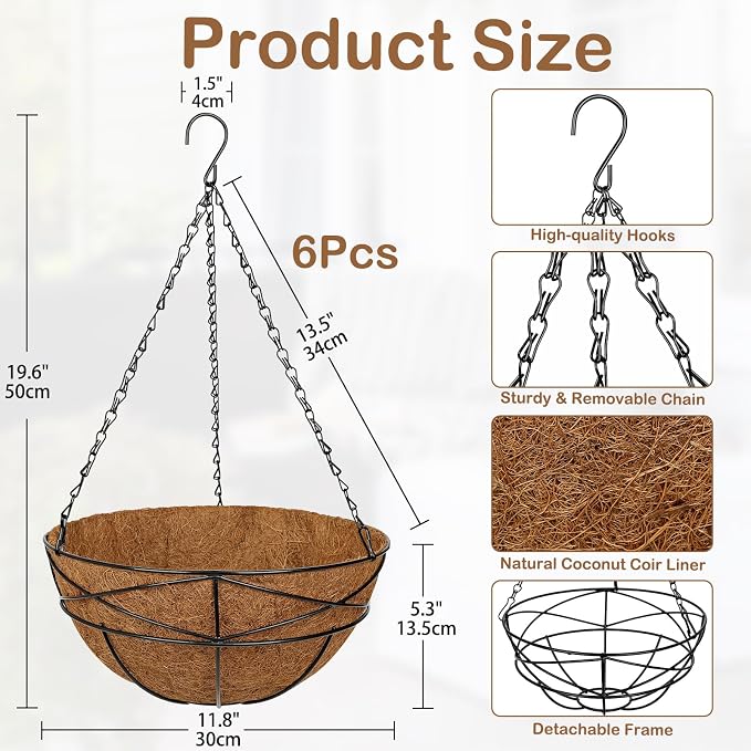 6 Pack 12 inch Metal Hanging Baskets for Plants Outdoor Metal Wire Hanging Basket Planter with Coco Fiber Liners Flower Pots for Home Porch Garden Patio, Diamond-Shaped