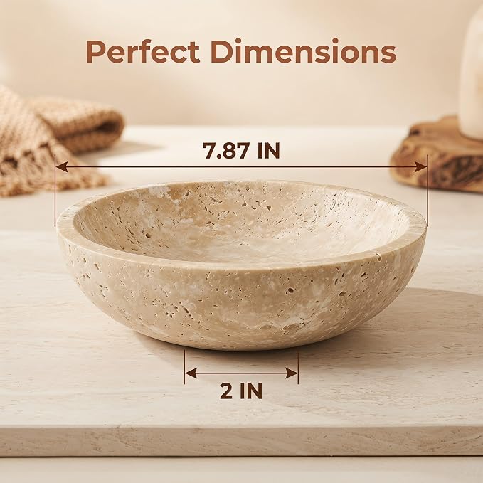 Large 7.87" Natural Travertine Stone Decorative Bowl, Beige Travertine Catchall Tray for Home Decor, Coffee Table Centerpiece, Fruit & Nut Bowl, Jewelry Dish, Key Holder (Limestone, 7.85)