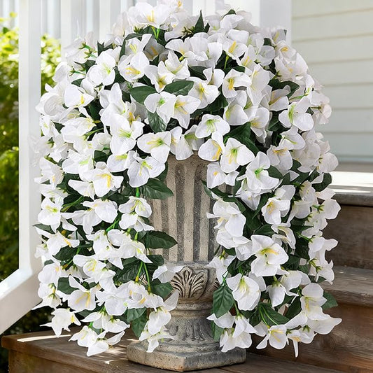 INXUGAO 2 pcs Artificial Faux Bougainvillea Flowers Plants for Outdoor Outside Summer Decoration, Fake Silk UV Resistant Long Trailing Vines for Front Door Porch Planter Balcony (White)