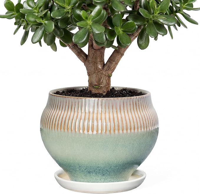 10.6 Inch Modern Ceramic Plant Pot with Drainage Hole and Mesh Net, Indoor Outdoor Planter with Saucer & Gardening Glove, Pots for Succulents, Flowers, Large Plants, Green