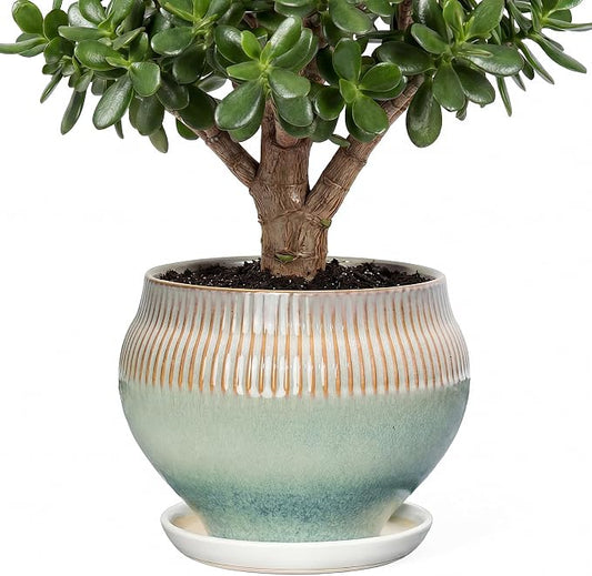 10.6 Inch Modern Ceramic Plant Pot with Drainage Hole and Mesh Net, Indoor Outdoor Planter with Saucer & Gardening Glove, Pots for Succulents, Flowers, Large Plants, Green